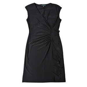 Lauren by Ralph Lauren Black Faux Wrap V-neck side ruched dress